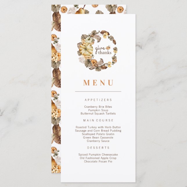 Give Thanks Pumpkin Wreath Thanksgiving Menu (Front/Back)