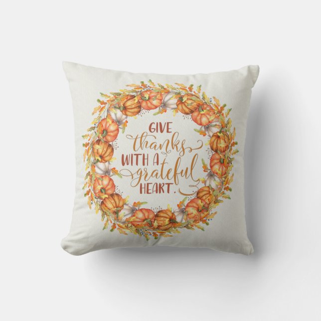 Give Thanks Pumpkin Wreath Throw Pillow (Front)