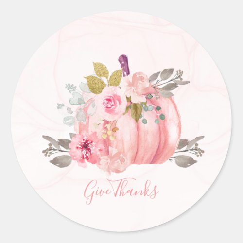 Give Thanks Punk Watercolor Pumpkin Peony Flower Classic Round Sticker