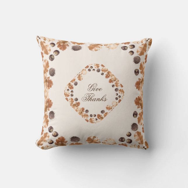 Give Thanks Quote Brown Autumn Leaves Wreath Throw Pillow (Front)