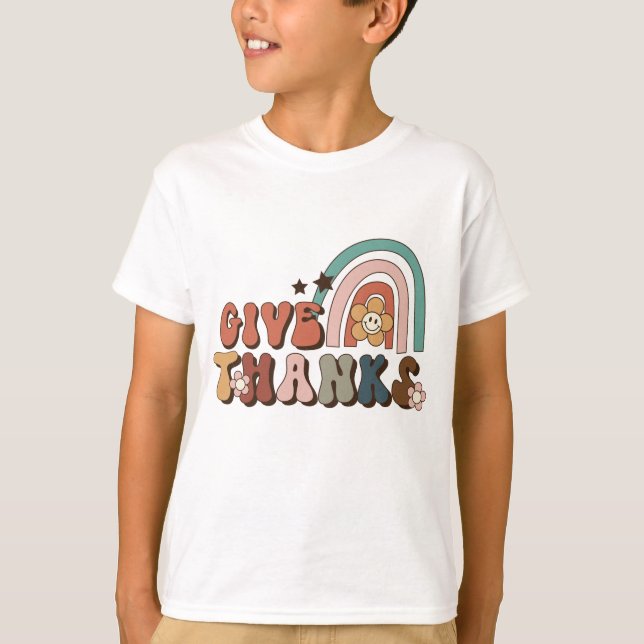 Give Thanks Retro Rainbow Thanksgiving T-Shirt (Front)