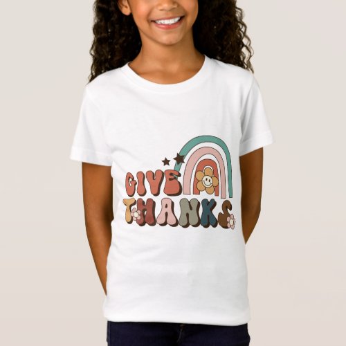 Give Thanks Retro Rainbow Thanksgiving T_Shirt