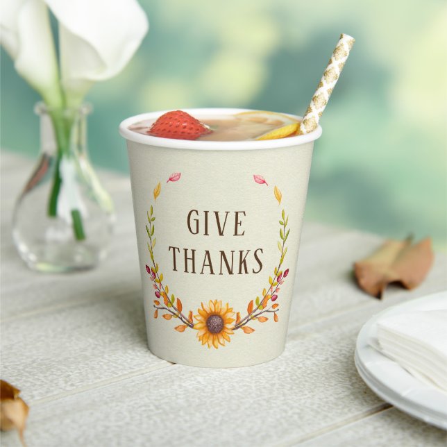 Give Thanks Rustic Boho Sunflower Thanksgiving  Paper Cups (Insitu)