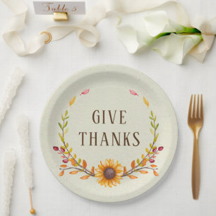 Give Thanks Rustic Boho Sunflower Thanksgiving Paper Plates