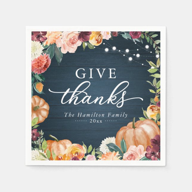 Give Thanks Rustic Fall Floral Thanksgiving Dinner Napkins (Front)