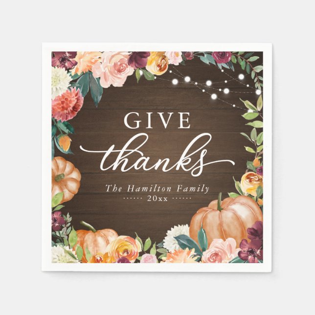 Give Thanks Rustic Fall Floral Thanksgiving Dinner Napkins (Front)