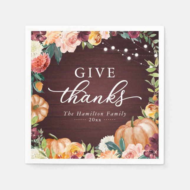 Give Thanks Rustic Fall Floral Thanksgiving Dinner Napkins (Front)