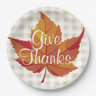 Give Thanks Rustic Fall Orange Leaf & Plaid Paper Plates
