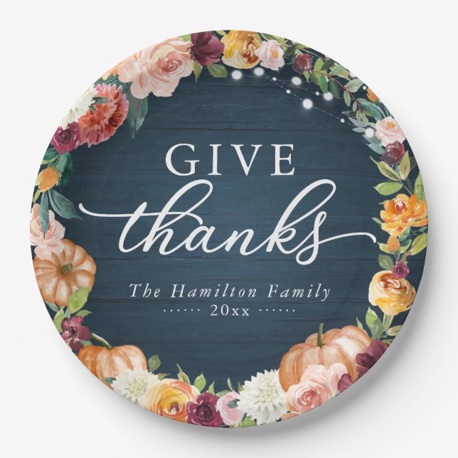 Give Thanks Rustic Floral Thanksgiving Dinner Paper Plates (Front)