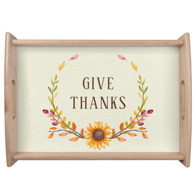 Give Thanks Rustic Sunflower Botanical Serving Tray (Front)