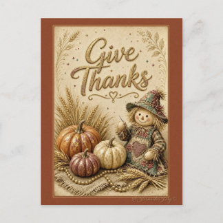 Give Thanks Scarecrow and Pumpkins Postcard