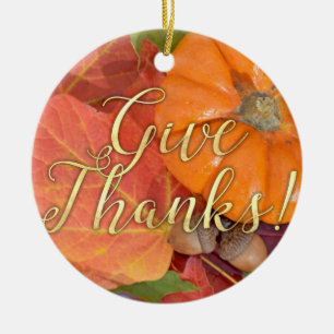 Give Thanks Script Typography Autumn Thanksgiving Ceramic Ornament