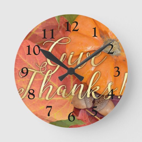 Give Thanks Script Typography Autumn Thanksgiving Round Clock