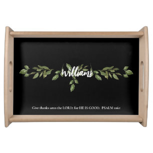 Give Thanks Scripture Foliage Custom Black Serving Tray