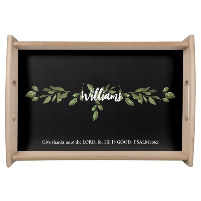 Give Thanks Scripture Foliage Custom Black Serving Tray (Front)