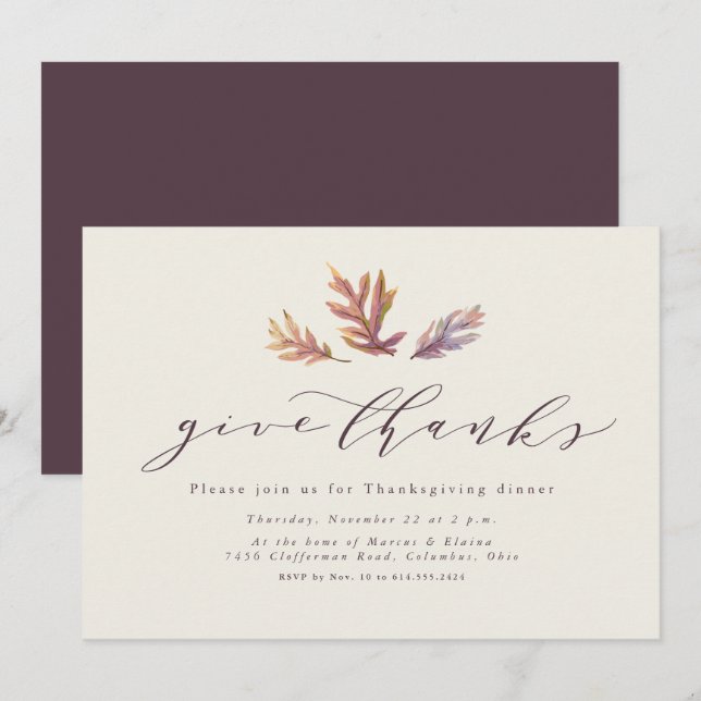 Give thanks simple elegant leaves Thanksgiving Invitation (Front/Back)