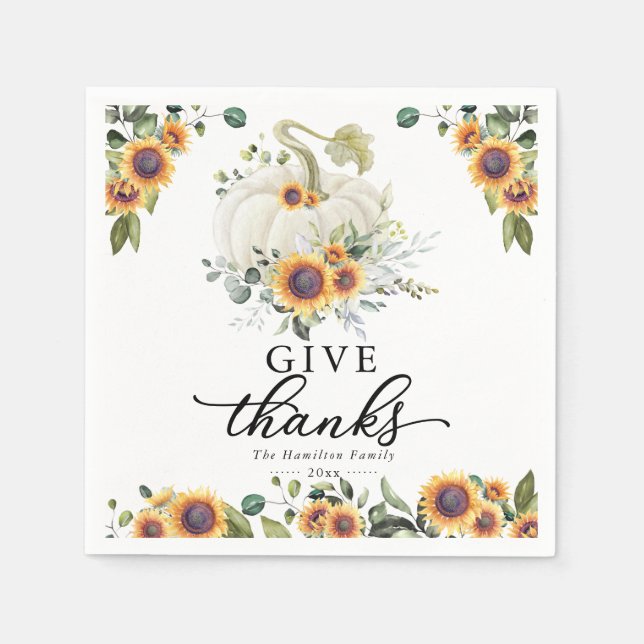 Give Thanks Sunflowers White Pumpkin Thanksgiving Napkins (Front)