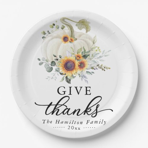 Give Thanks Sunflowers White Pumpkin Thanksgiving Paper Plates