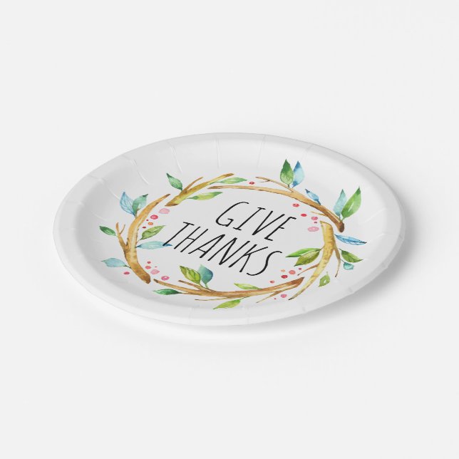 Give Thanks Text Cute Thanksgiving Wreath Paper Plates (Angled)