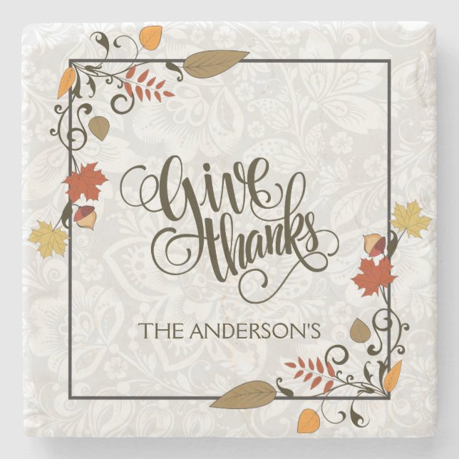 Give Thanks Text Design With Thanksgiving Frame Stone Coaster (Front)
