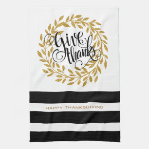 Give Thanks Text Modern Gold Wreath & Stripes Kitchen Towel