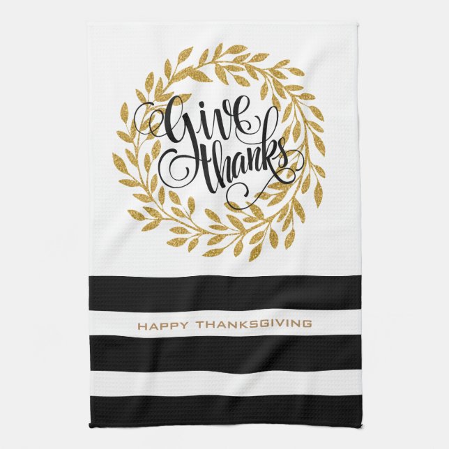 Give Thanks Text Modern Gold Wreath & Stripes Kitchen Towel (Vertical)
