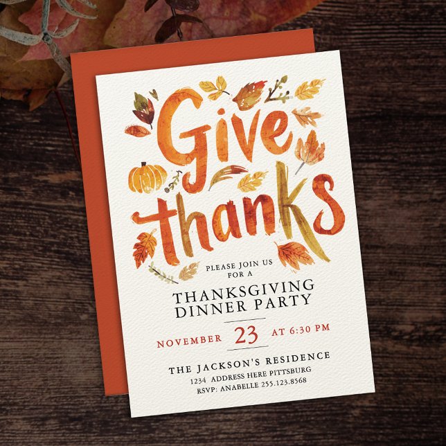 Give Thanks Thanksgiving Autumn Dinner Watercolor  Invitation (Creator Uploaded)