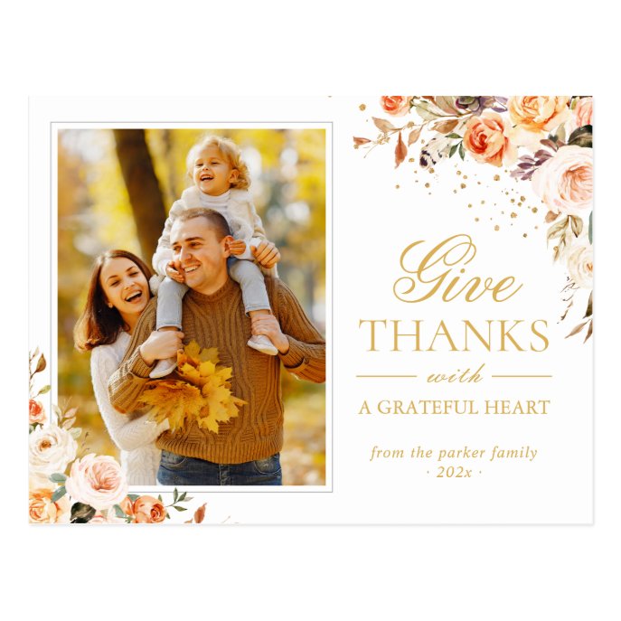 Give Thanks Thanksgiving Autumn Gold Floral Photo Postcard