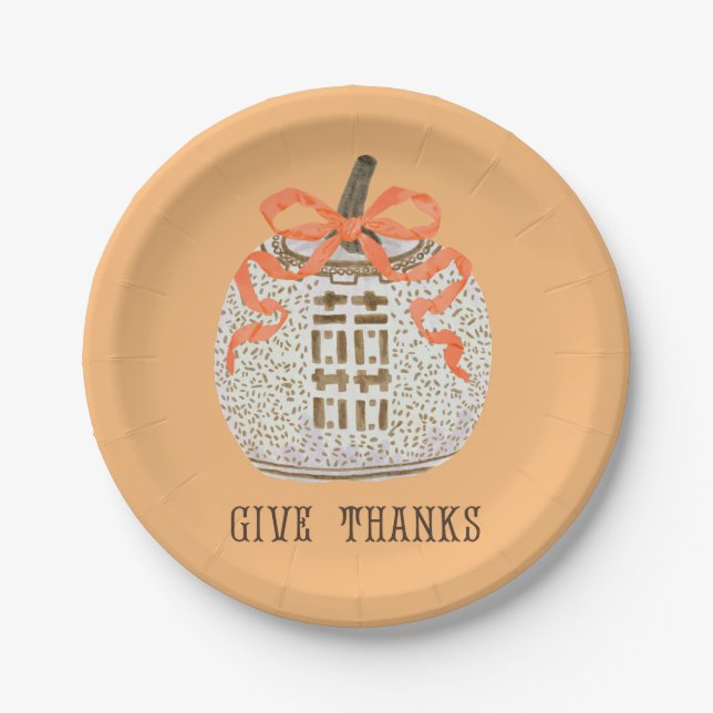 Give Thanks Thanksgiving Chinoiserie Pumpkin Paper Plates (Front)