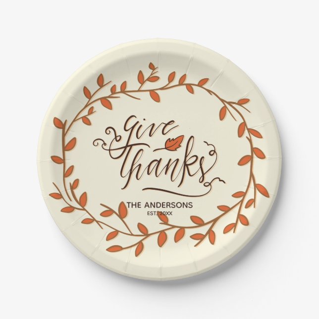 Give Thanks. Thanksgiving. Custom Name and Date. Paper Plates (Front)