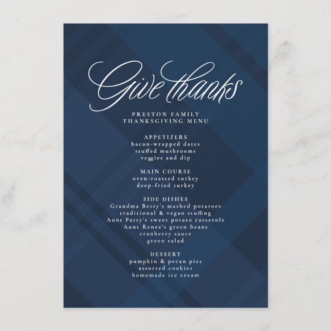 Give thanks Thanksgiving dinner navy plaid Menu (Front)