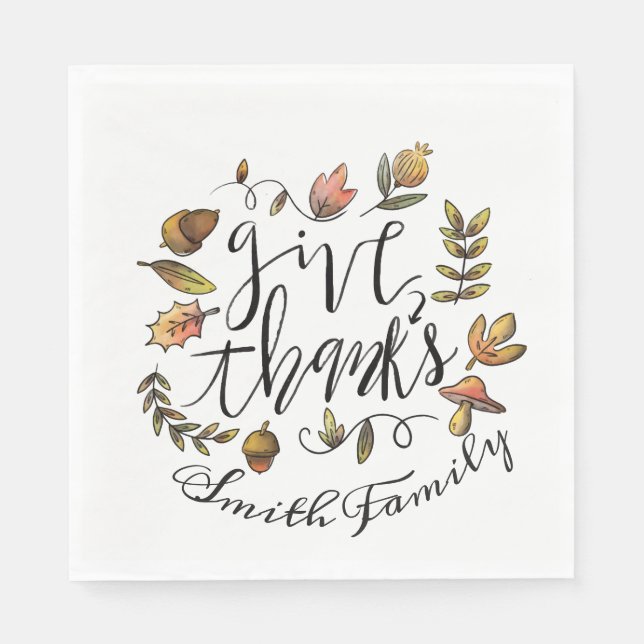 Give Thanks. Thanksgiving Family Celebration. Paper Napkins (Front)