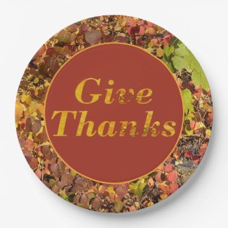 Give Thanks Thanksgiving Floral Leaves Paper Plate