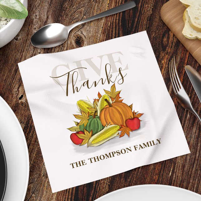 Give Thanks Thanksgiving Harvest Custom Napkins (Give thanks Thanksgiving fall Autumn themed custom paper napkin.)