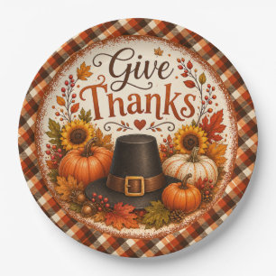 Give Thanks Thanksgiving Harvest Fall Autumn Plaid Paper Plates