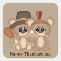 Give Thanks Thanksgiving mice pilgrim Indian Square Sticker