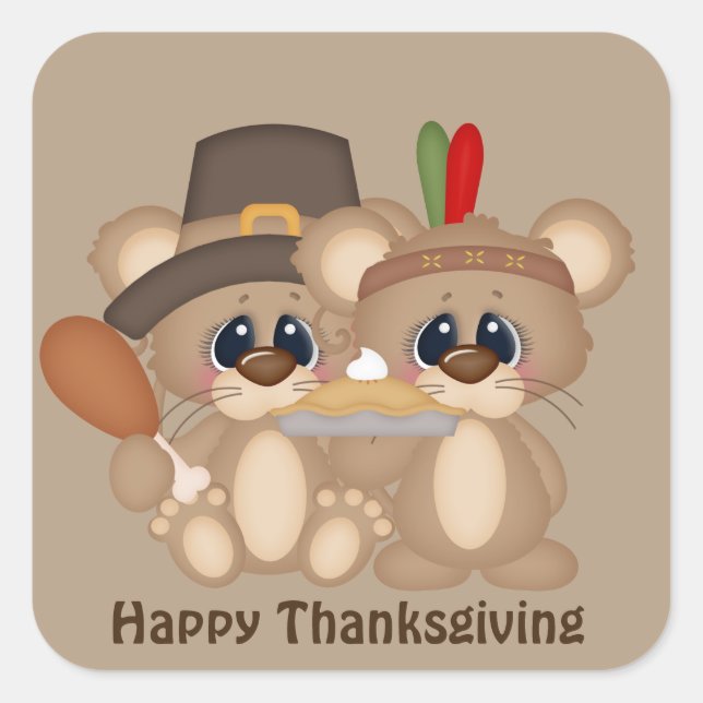 Give Thanks Thanksgiving mice pilgrim Indian Square Sticker (Front)