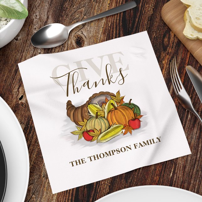Give Thanks Thanksgiving Personalized  Napkins (Give Thanks Cornucopia Thanksgiving Holiday custom paper napkin. )