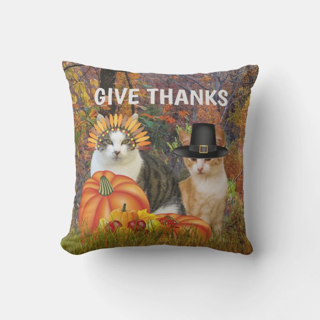 Give Thanks Thanksgiving Pilgrim Cats Outdoor Pillow (Front)