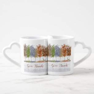 Give Thanks Thanksgiving Trees and Lone Deer Coffee Mug Set