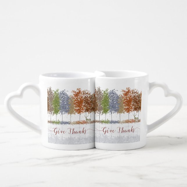 Give Thanks Thanksgiving Trees and Lone Deer Coffee Mug Set (Front Nesting)