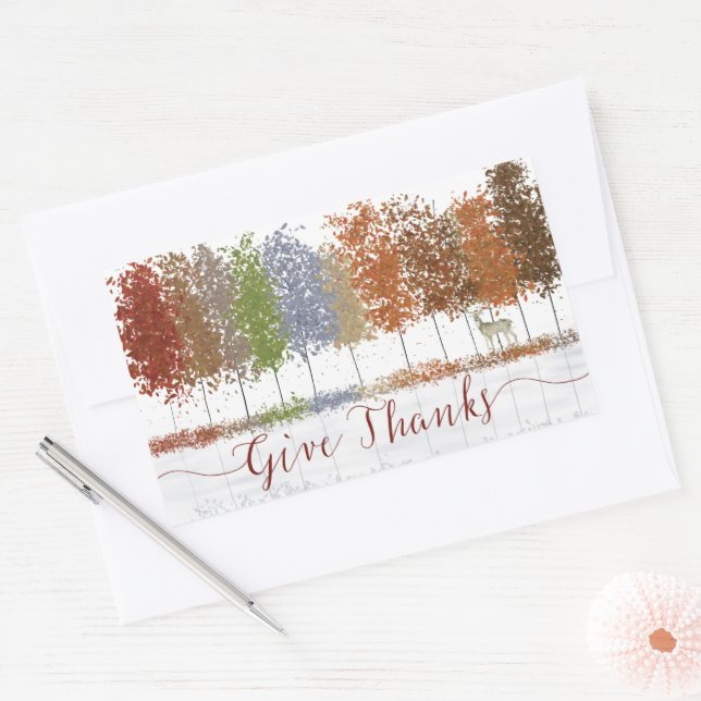 Give Thanks Thanksgiving Trees and Lone Deer Rectangular Sticker (Envelope)