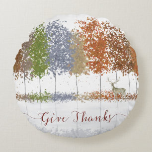 Give Thanks Thanksgiving Trees and Lone Deer Round Pillow