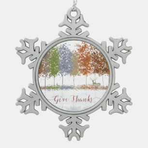 Give Thanks Thanksgiving Trees and Lone Deer Snowflake Pewter Christmas Ornament
