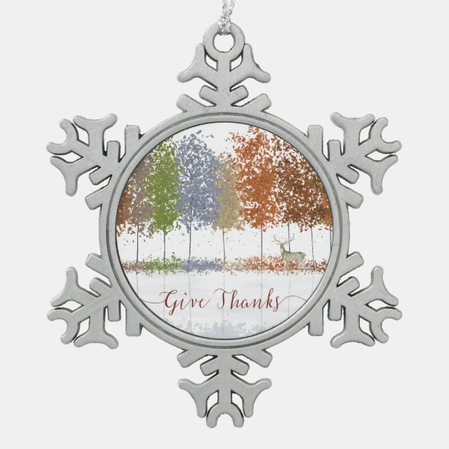 Give Thanks Thanksgiving Trees and Lone Deer Snowflake Pewter Christmas Ornament (Front)