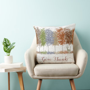 Give Thanks Thanksgiving Trees and Lone Deer Throw Pillow