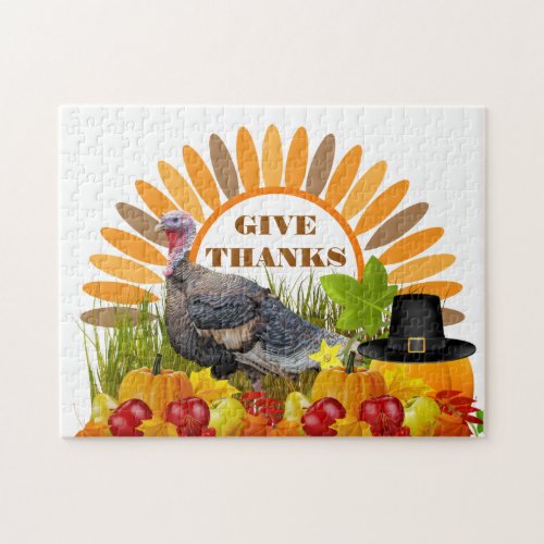 Give  Thanks Thanksgiving Turkey Pumpkins Holiday Jigsaw Puzzle