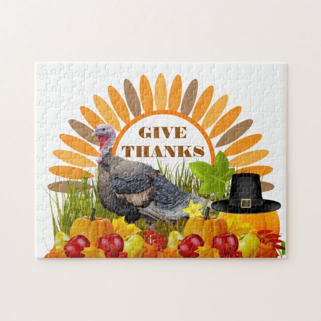 Give  Thanks Thanksgiving Turkey, Pumpkins Holiday Jigsaw Puzzle (Horizontal)