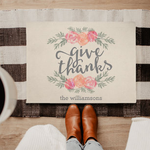 Give Thanks Thanksgiving Watercolor Personalized Doormat