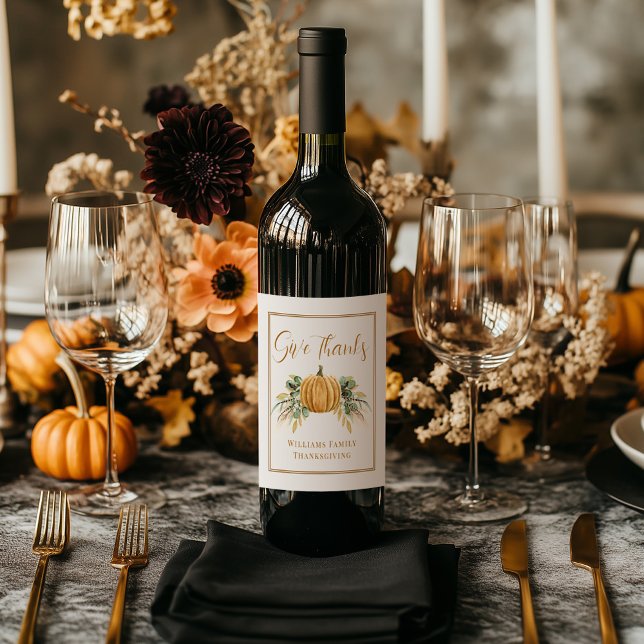 Give Thanks Thanksgiving Watercolor Pumpkin Custom Wine Label (Creator Uploaded)